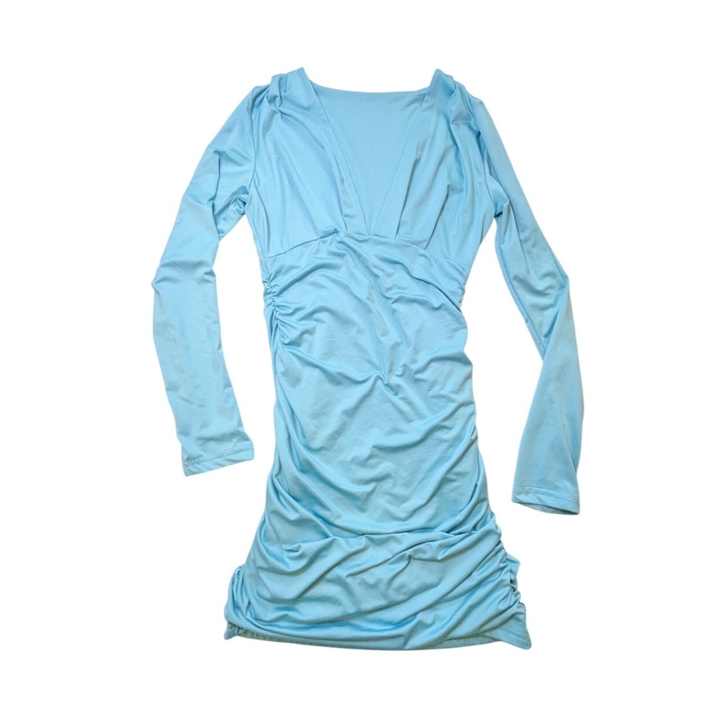 Light Blue Long Sleeve Ruched Bodycon Dress V-Neck Mini Dress - Picture 2 of 9